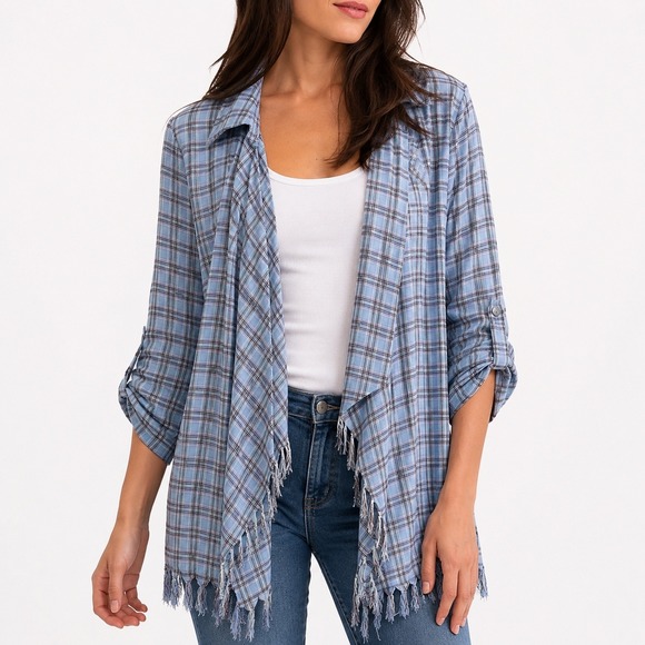 Umgee Sweaters - Umgee Womens Large Plaid Fringe Hem Open Front Cardigan Blue Purple Boho Layer